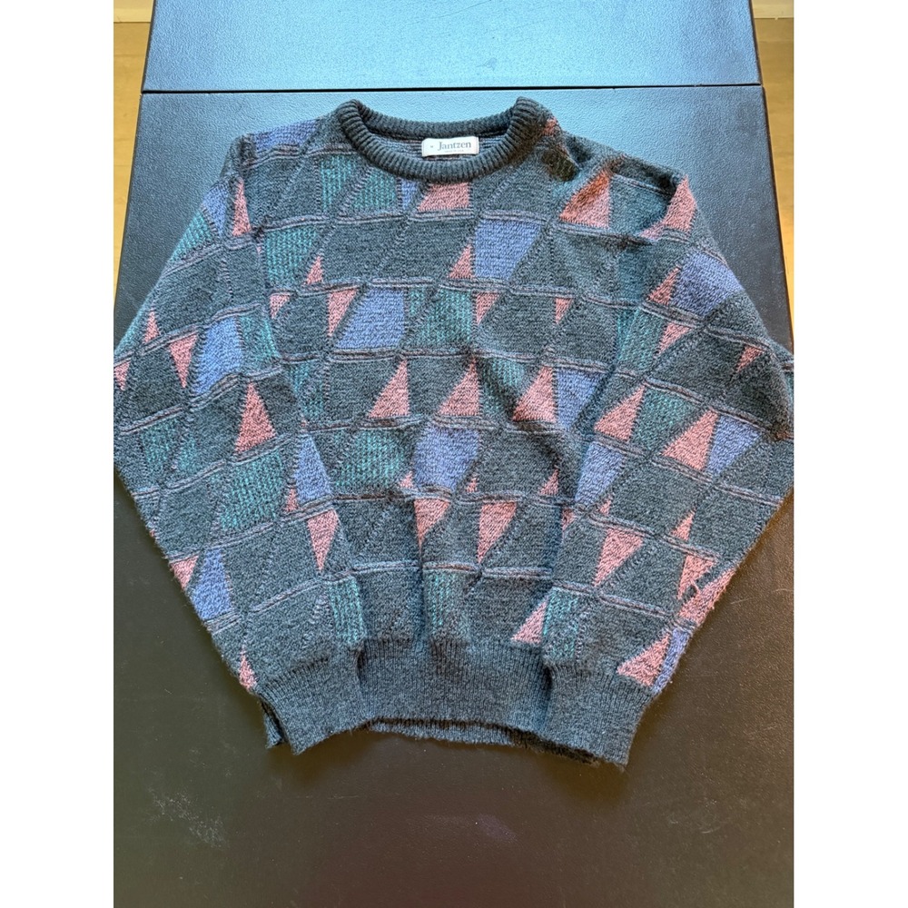 Vintage Jantzen Mens Medium Geometric Triangle Knit Sweater Grey Made in USA